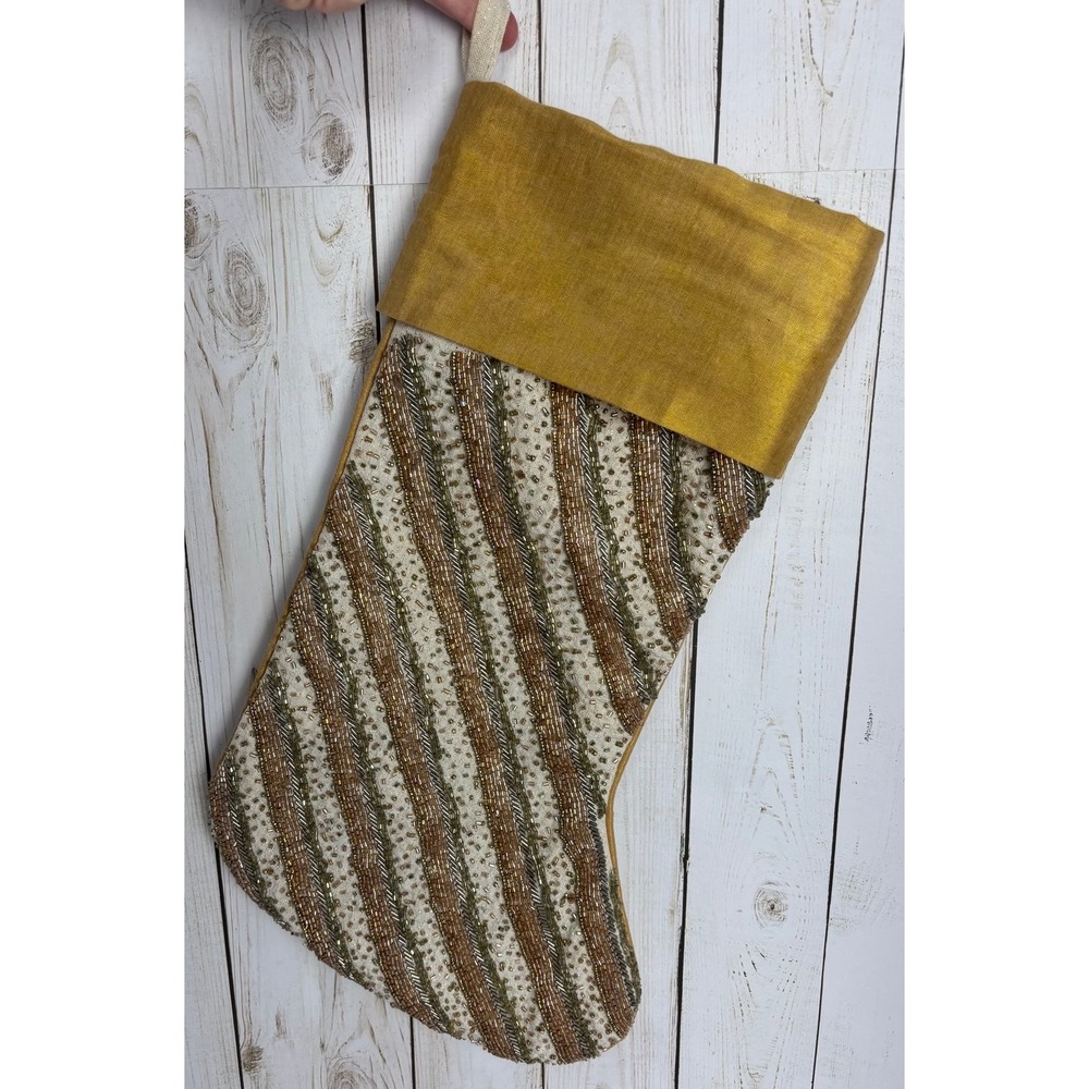 Tahari Luxury Beaded Christmas‎ Stocking Beige Green Gold 19" x 8" Striped 1945